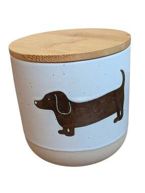 Harvest Green Studio Dachshund Dog Canister w/Lid Cream Speckled Brown Stoneware